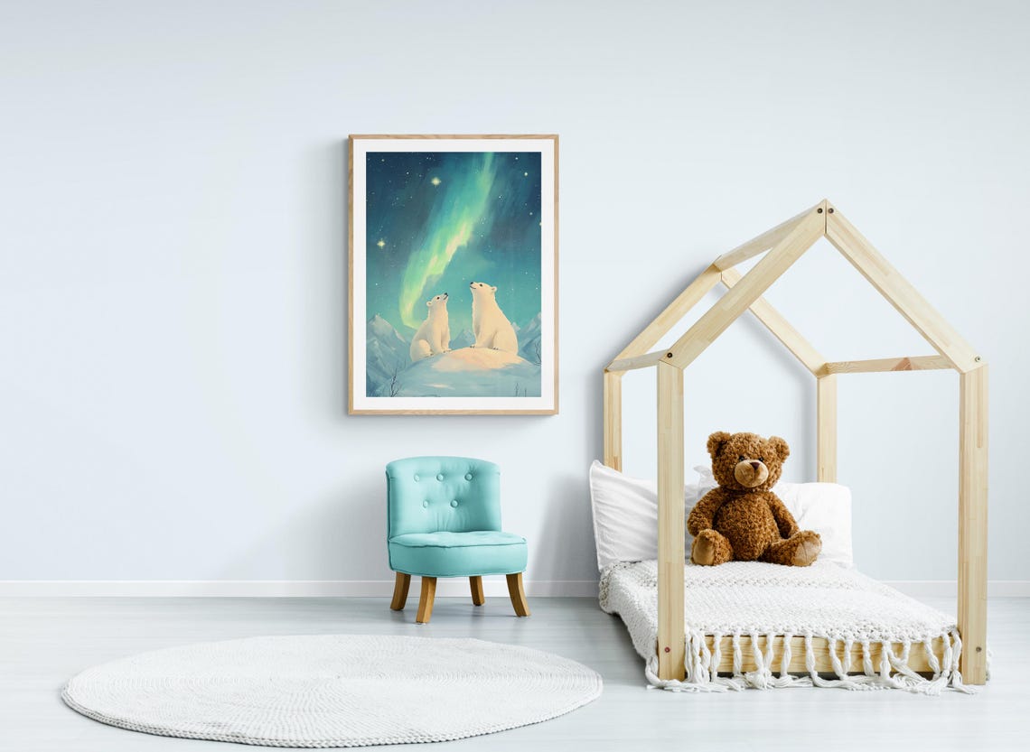 Polar Bears Watching Aurora Borealis Starry Arctic Kids Wall Art Print - Image 3