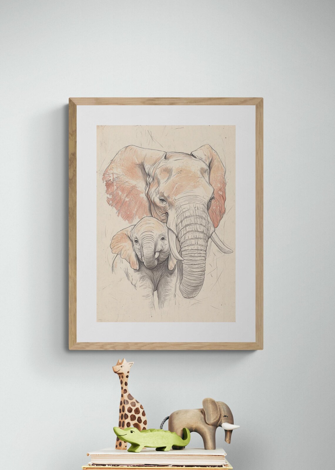 Loving Elephants Mother Baby Sketch Hand Drawn Nursery Wall Art Poster