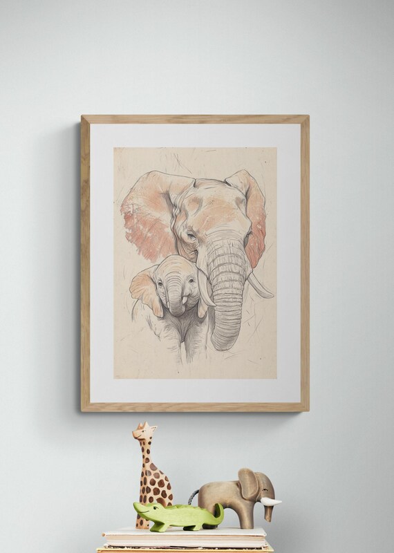 Loving Elephants Mother Baby Sketch Hand Drawn Nursery Wall Art Poster