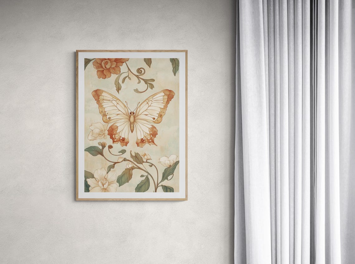 Art Nouveau Butterfly Cream Copper Wings Botanical Floral Art Print - Image 3