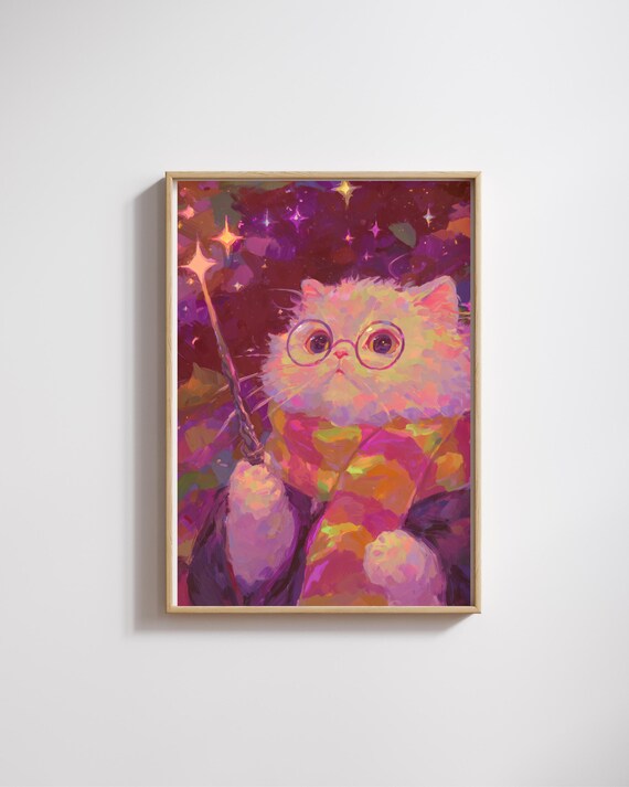 Cute Magical Cat Printmagical Kitty With Glasses And Wand Fantasy Print Cozy Gift Ideafantasy Magic Poster
