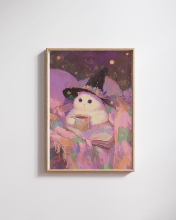 Cozy Fall Cat Art Print Witch Hat Halloween Decor