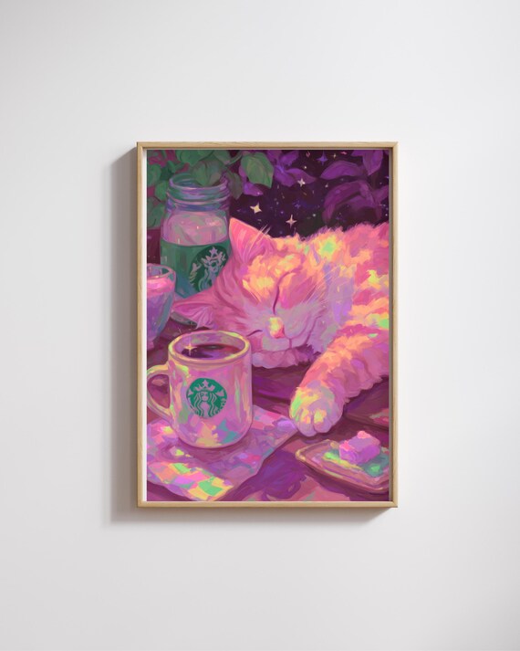 Sleeping Pink Cat With Steaming Coffee Mug Cozy Kitchen Art Poster