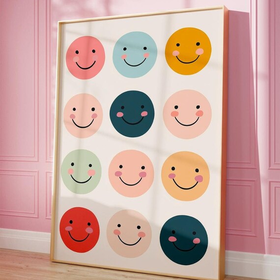 Modern Retro Smiley Face Print Boho Rainbow Kids Wall Art Colorful Playroom Decor Poster Gift Nursery Toddler Illustration