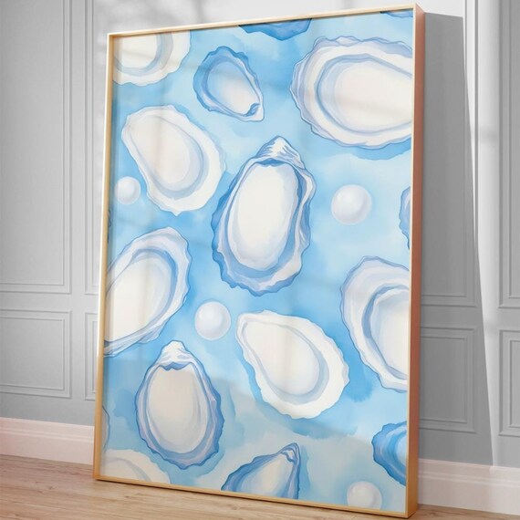 Watercolor Oyster Shells on Blue Art Print Coastal Summer Beach Pearl Decor