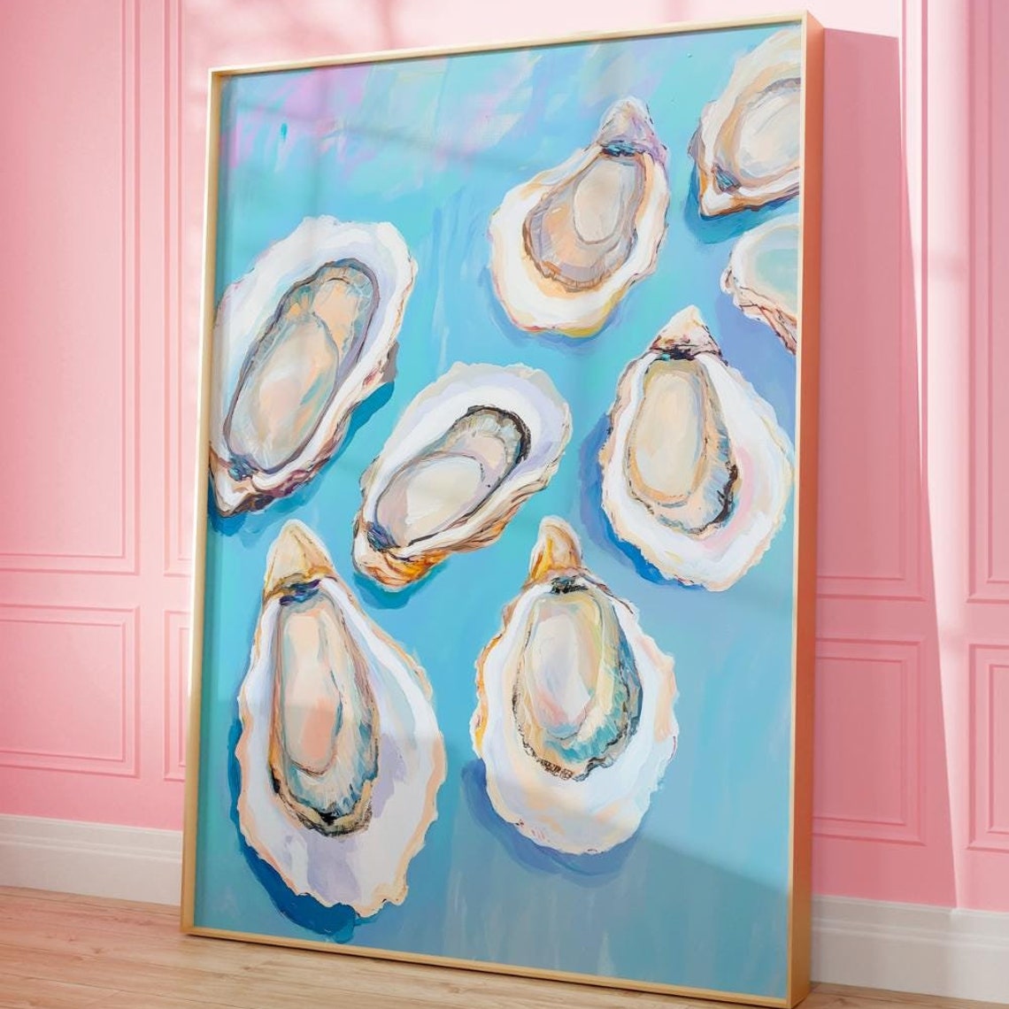 Pastel Oyster Shells Turquoise Water Coastal Kitchen Decor Poster