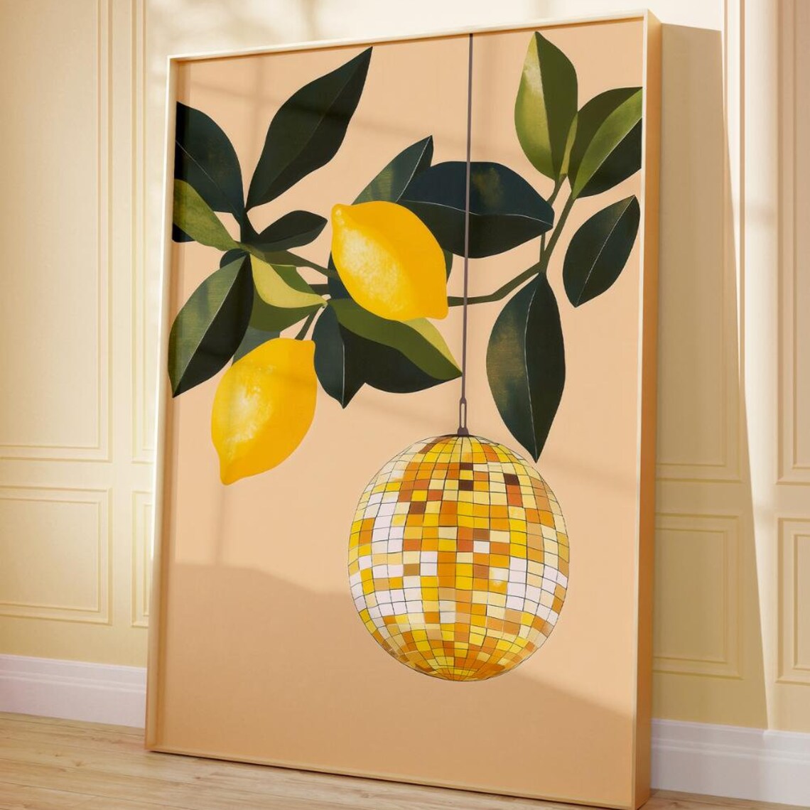 Lemons and Gold Disco Ball Groovy Citrus Kitchen Bar Cart Poster