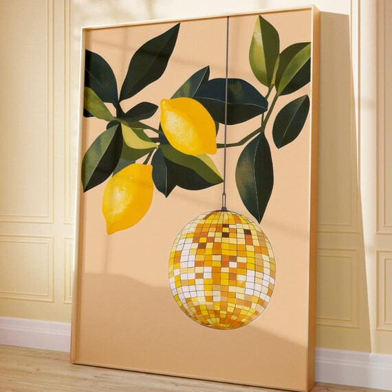 Lemons and Gold Disco Ball Groovy Citrus Kitchen Bar Cart Poster