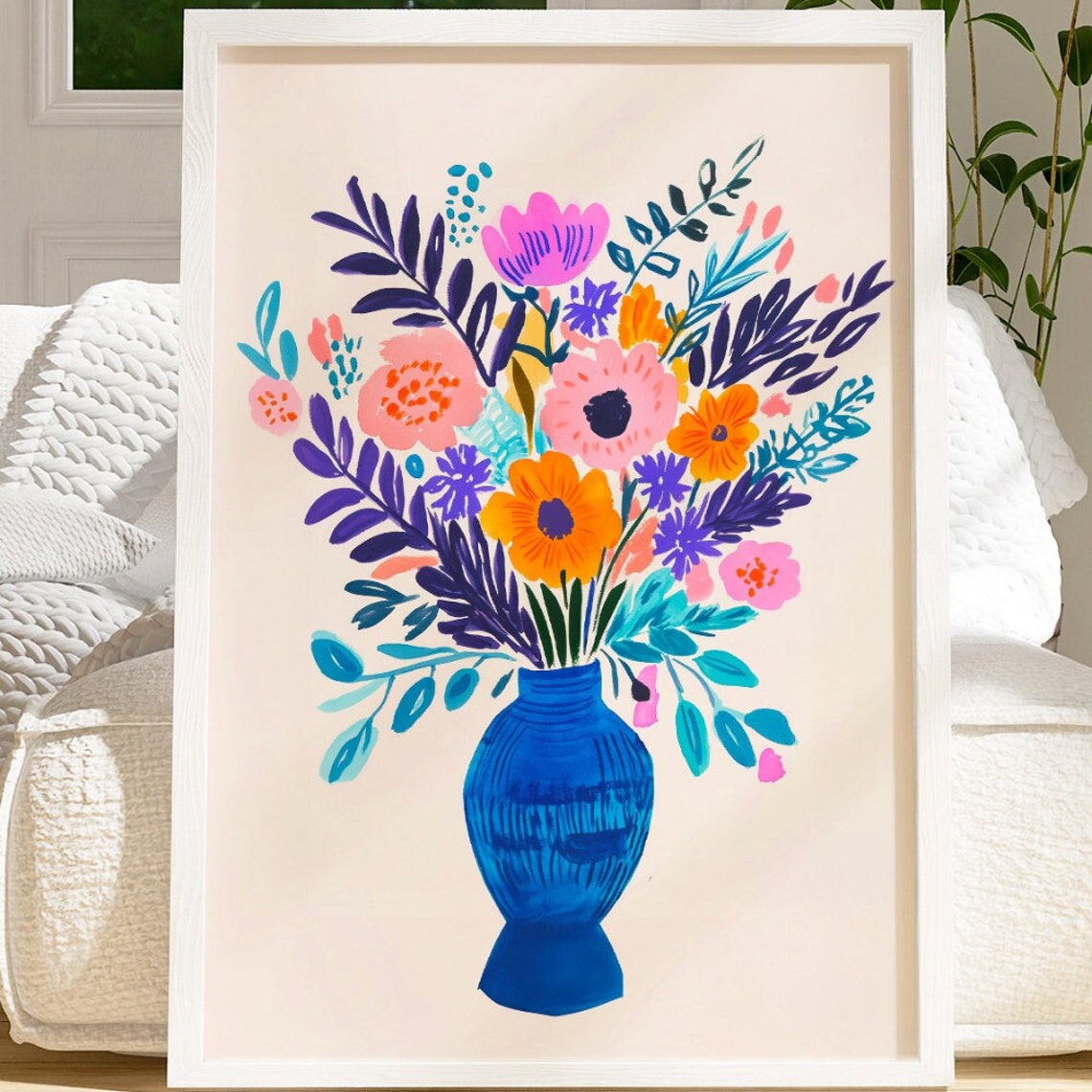 Bright Maximalist Floral Bouquet Cobalt Blue Vase Cheerful Art Poster - Image 3