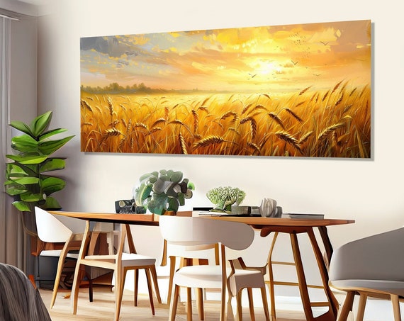 Large Wheat Field Panorama Golden Wheat Painting Print Rustic Wall Decor Farmhouse Wall Art Farmer Gift Framed And Ready To Hang
