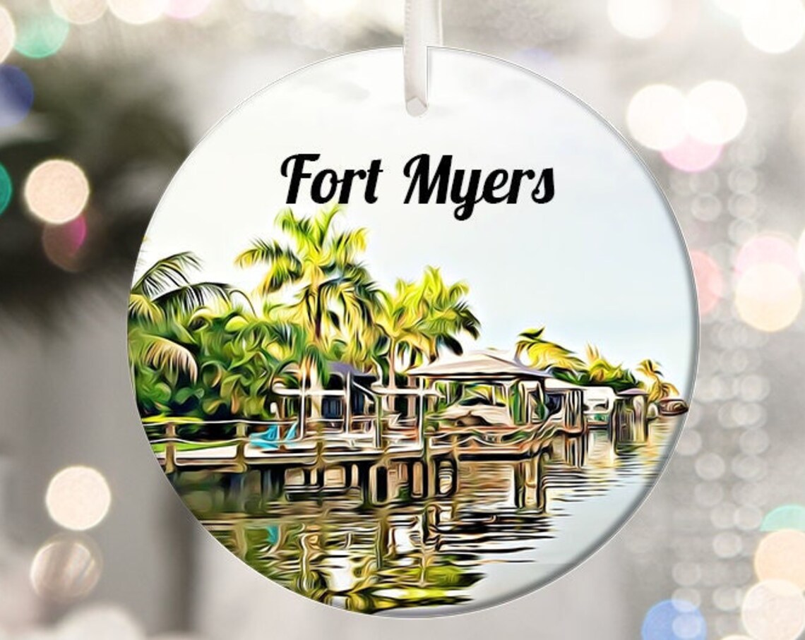 Fort Myers Waterfront Homes Palms Dock Scene Travel Art Print