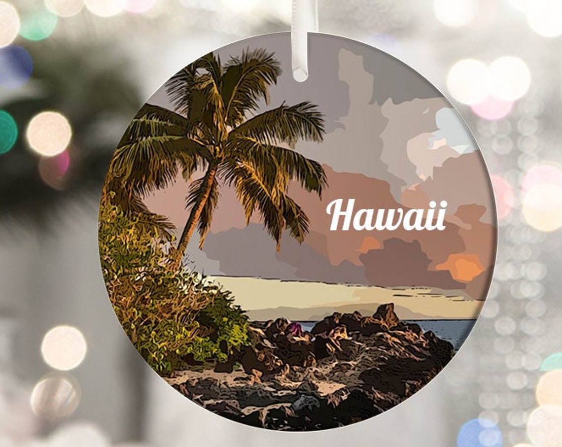 Hawaii Palm Trees Rocky Lava Coast Sunset Keepsake Art Print