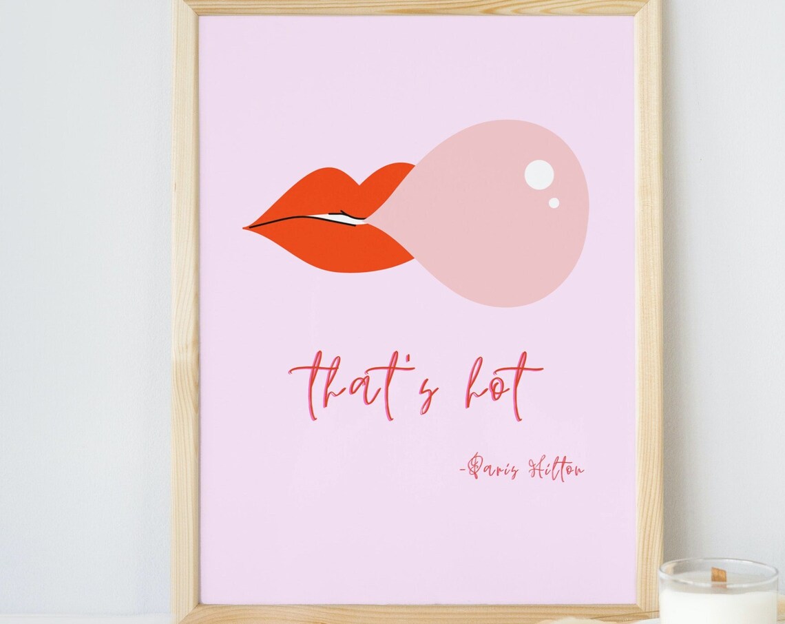 Thats Hot Paris Hilton Red Lips Bubblegum Pink Aesthetic Wall Art