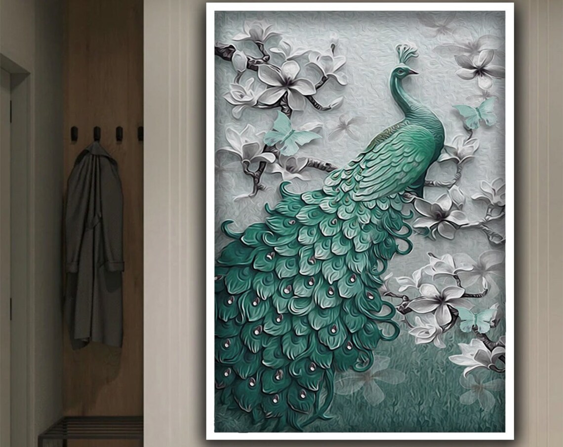 Teal Green Peacock Textured Relief With White Flowers Art Poster