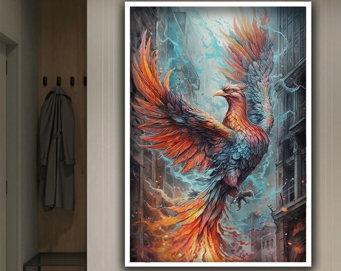 Colorful Phoenix Rising Ruined City Fantasy Bird Wall Art Poster