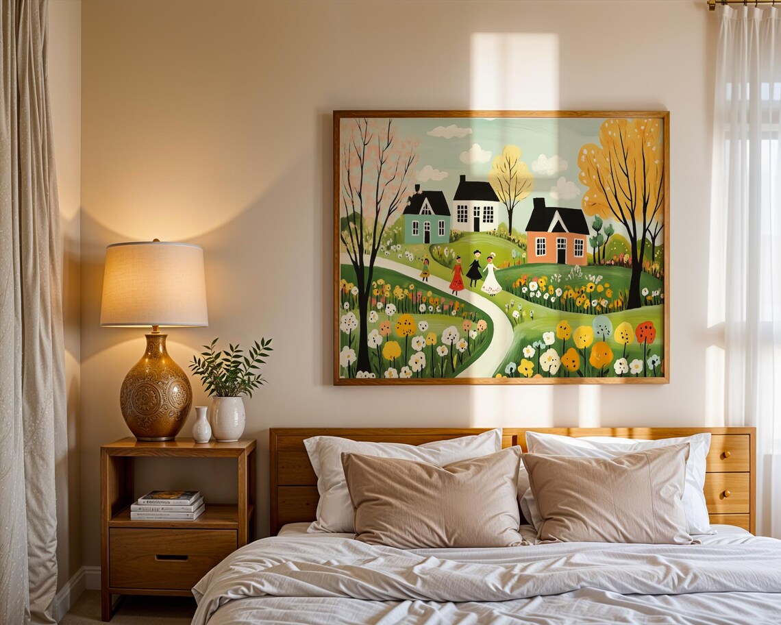 Whimsical Spring Countryside Folk Art Cottages Flower Path Travel Poster - Image 4