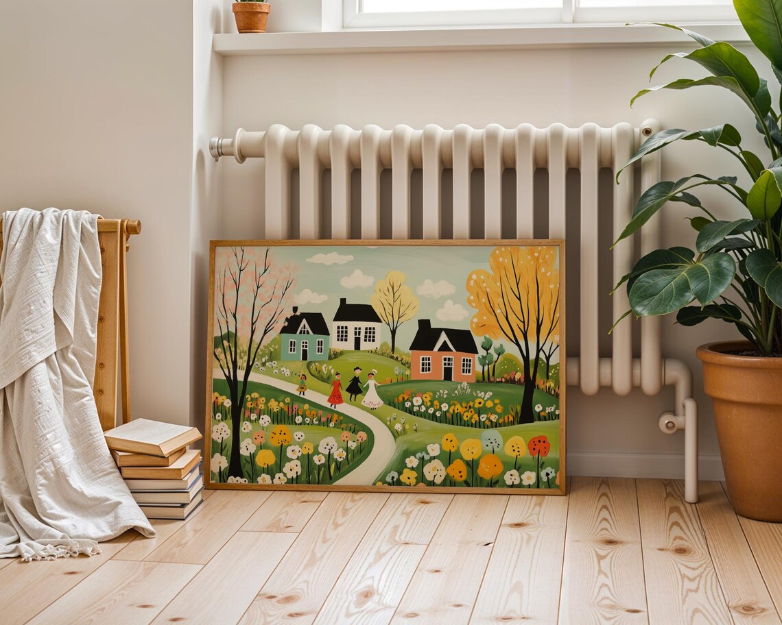 Whimsical Spring Countryside Folk Art Cottages Flower Path Travel Poster - Image 3