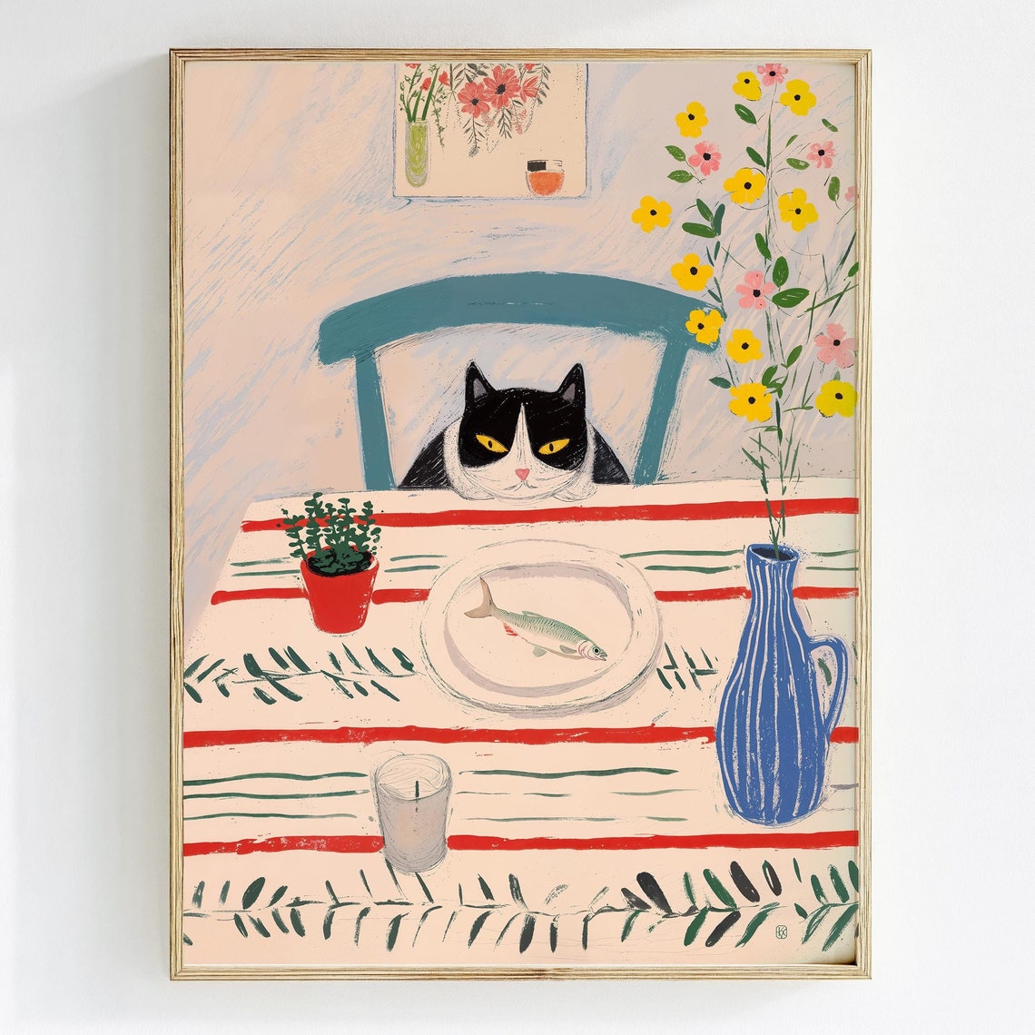 Naive Foodie Cat Wall Art Print Cottagecore Kitchen Decor Funny Cat Wall Art Gift Whimsical Breakfast Art