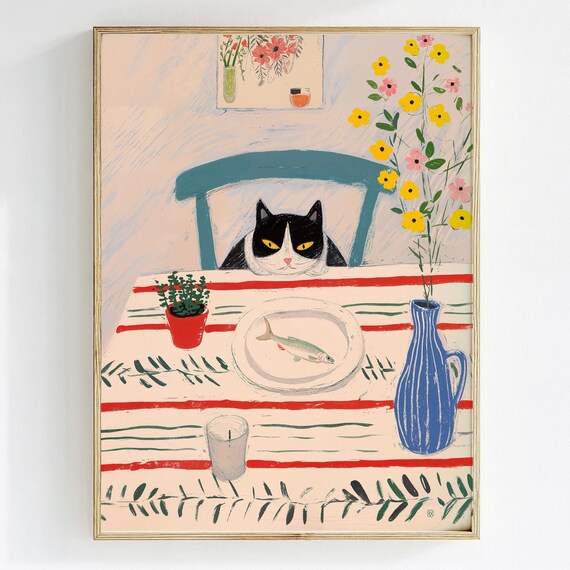 Naive Black Cat Kitchen Fish Dinner Whimsical Illustration Art Print