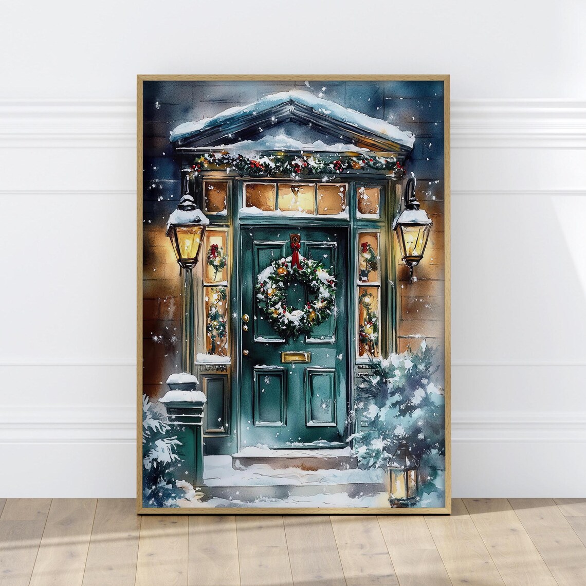 Snowy Green Christmas Door Holiday Watercolor Wreath Lanterns Poster