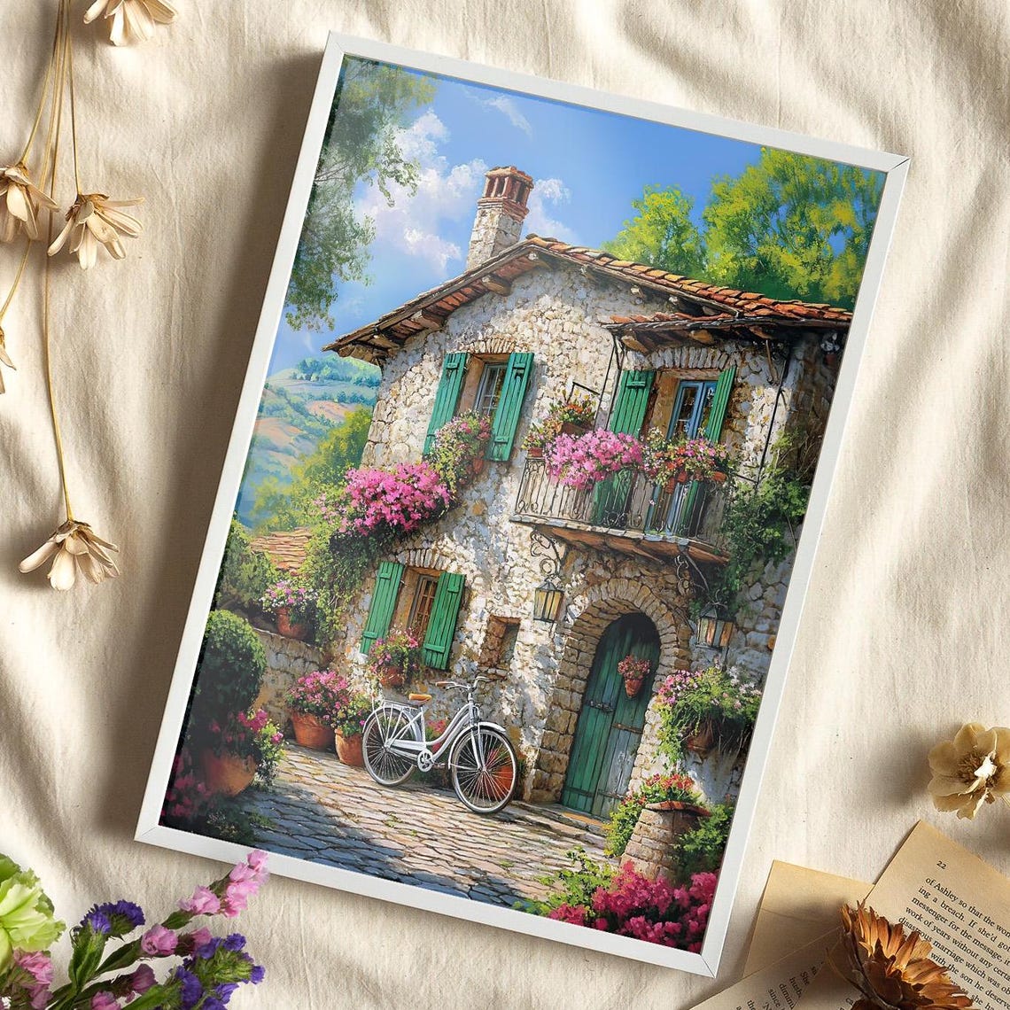 Tuscan Stone Cottage Bougainvillea Bicycle Rustic Italian Villa Poster