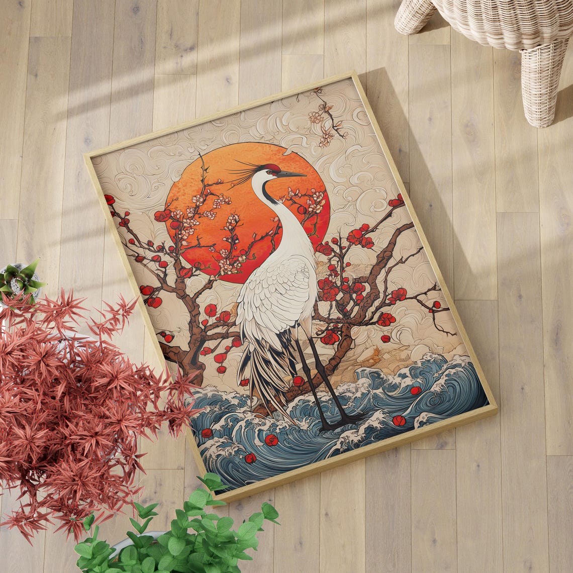 Japanese White Crane Plum Blossom Red Sun Asian Nature Art Poster