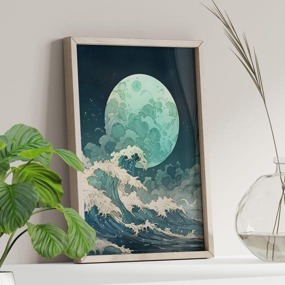 Blue And Sage Green Hokusai Waves Art Print Or Canvas Vintage Japanese Wall Decor Girly Ocean Design Great Wave Moon