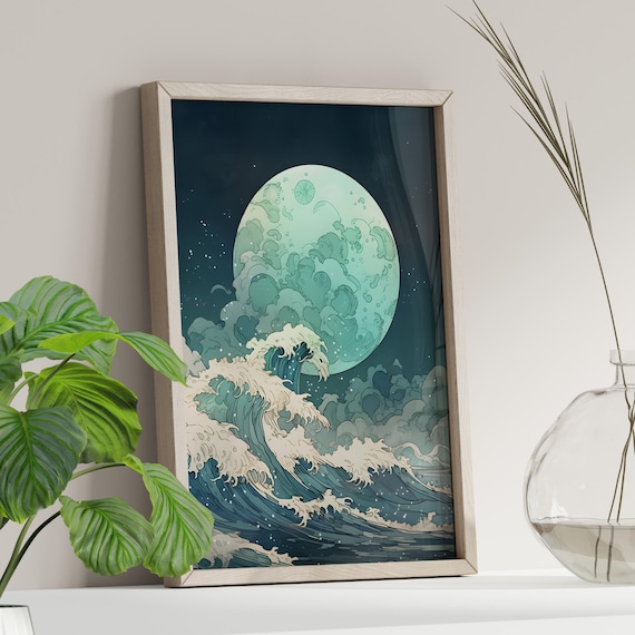 Moonlit Great Wave Japanese Woodblock Style Ocean Night Art Poster