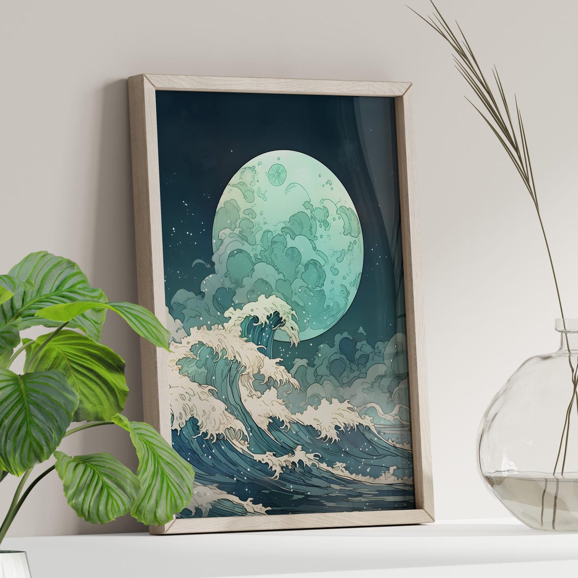Moonlit Great Wave Japanese Woodblock Style Ocean Night Art Poster