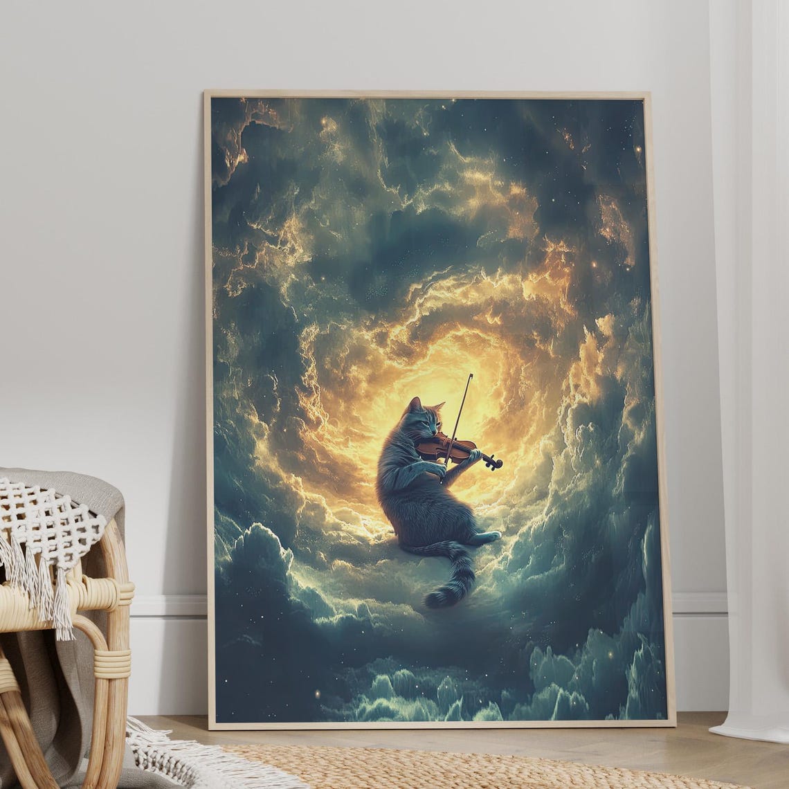 Cat Playing Violin in Swirling Cosmic Clouds Surreal Art Poster