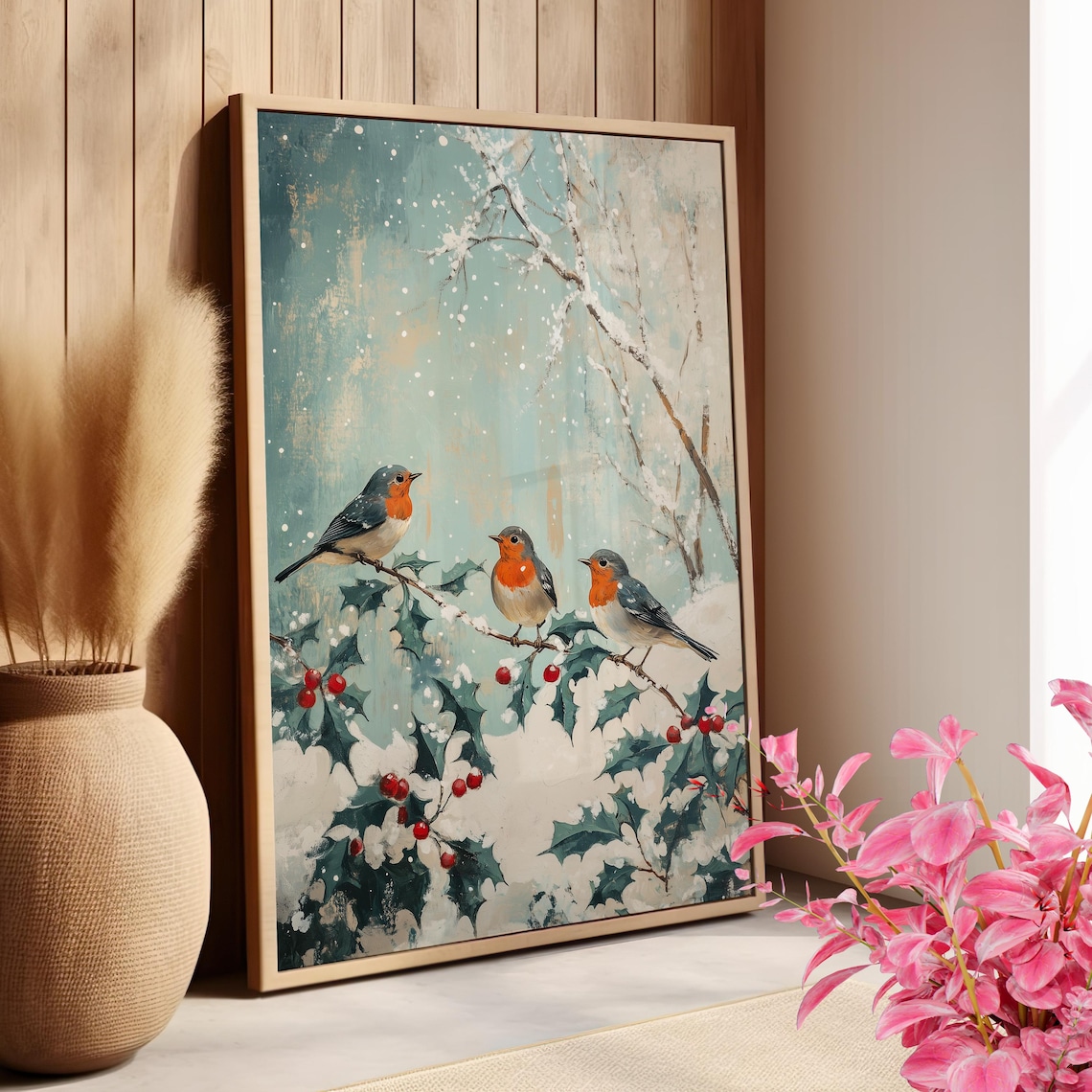 Three Winter Robins on Snowy Holly Branch Vintage Painting Poster