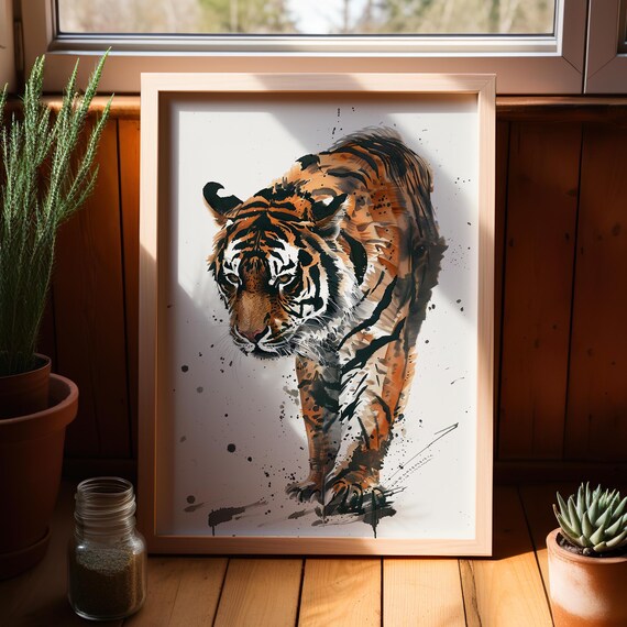 Wild Tiger Minimalist Painting Japanese Style Animal Wall Decor Poster Or Canvas Print Safari Wildlife Jungle Portrait