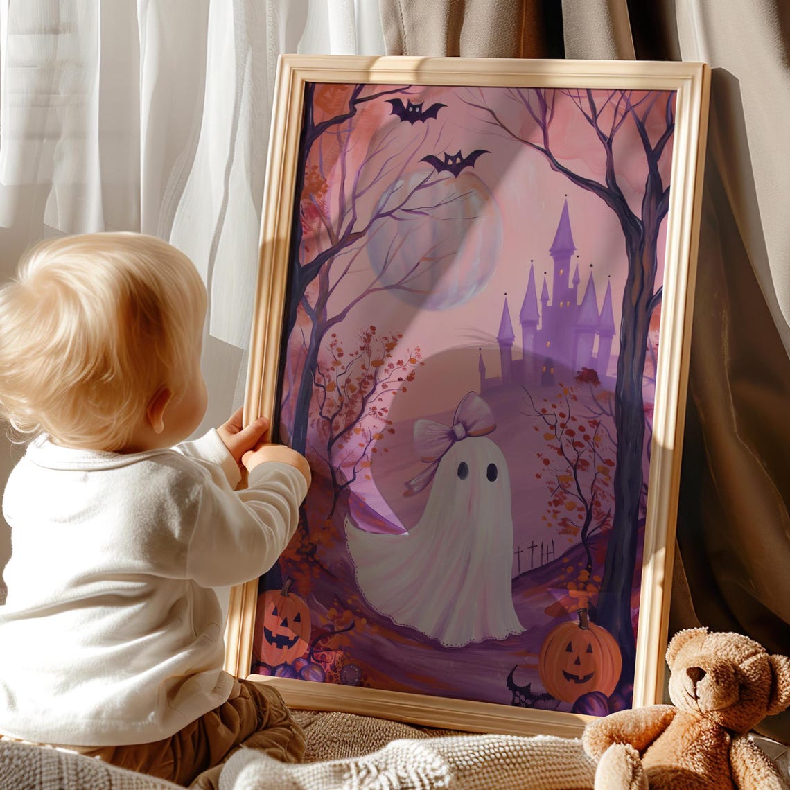 Pink Ghost With Bow Purple Halloween Castle Bats And Pumpkins Poster