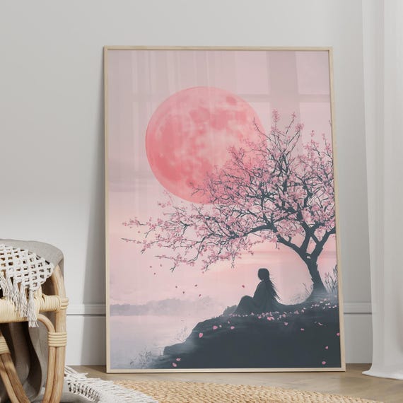 A Girl Silhouette Under Cherry Blossom Tree Watercolor Wall Art Poster Or Canvas Print Pink Sun Japanese Landscape Minimalist Home Deco