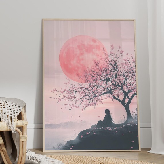 Girl Resting Under Cherry Blossom Tree Pink Moon Lake Art Poster