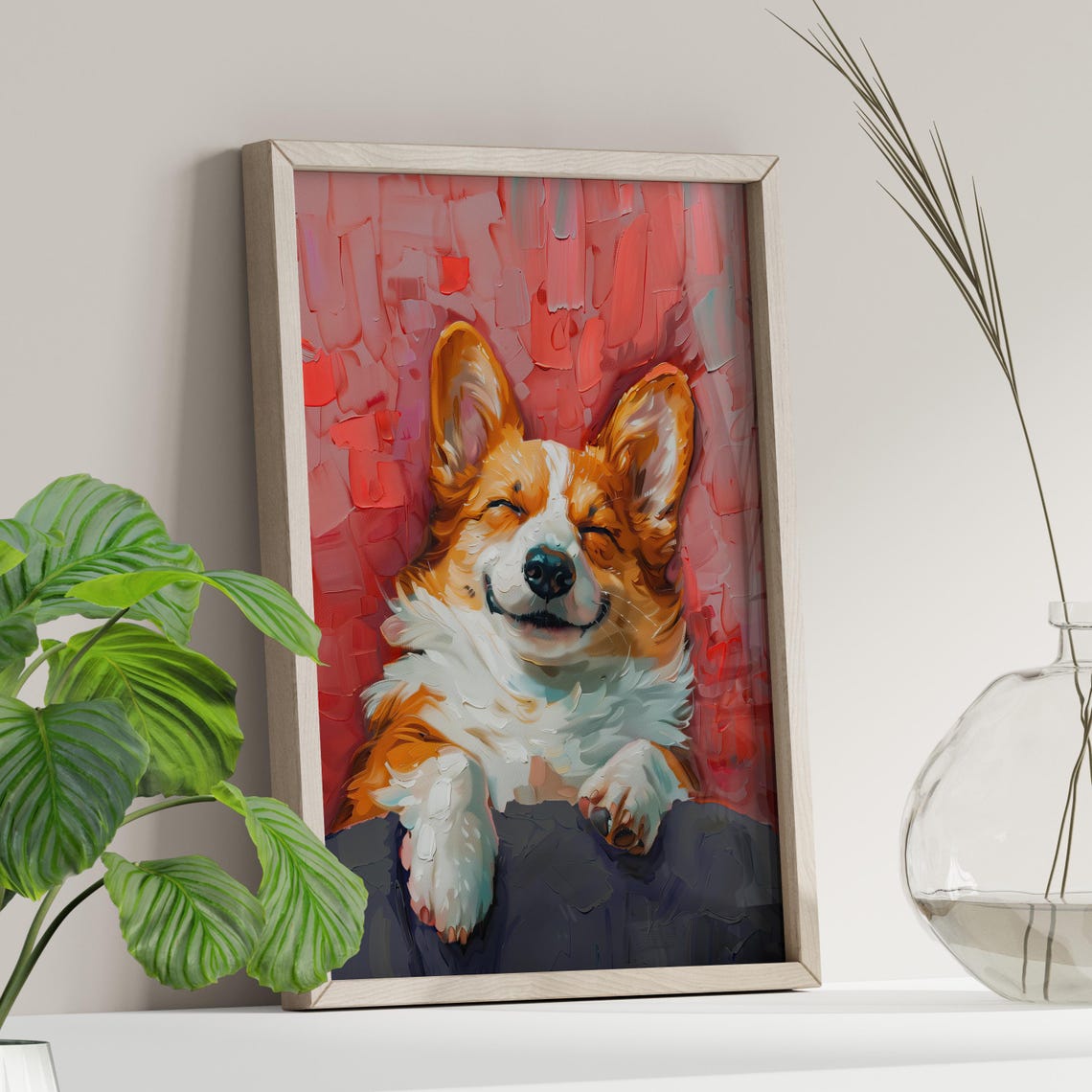 Smiling Corgi Dog Oil Painting Red Background Funny Pet Poster