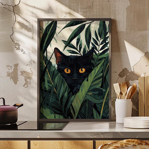 Black Cat Peeking From Behind Lush Green Leaves Illustration Poster Or Canvas Print Botanical Art Animal Boho Wall Decor