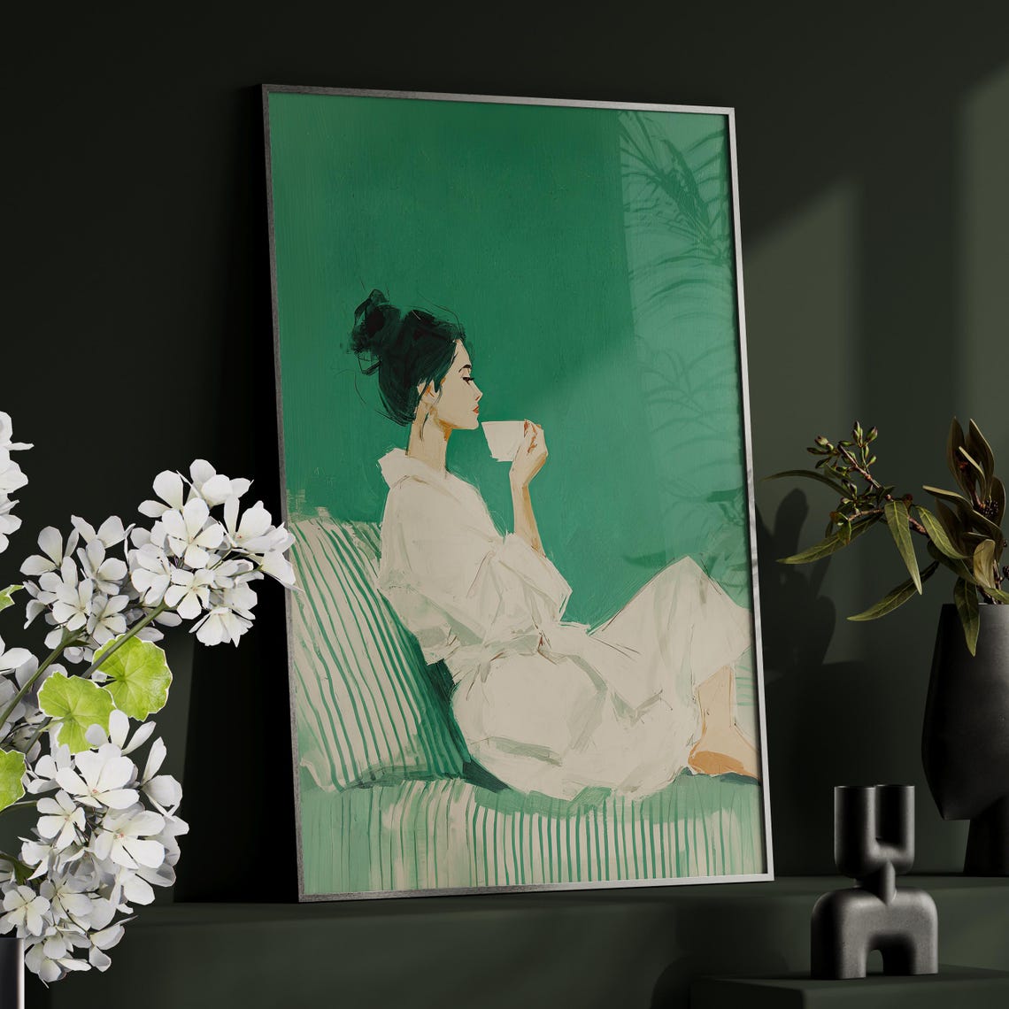 Woman Drinking Morning Coffee Emerald Green Minimalist Art Poster