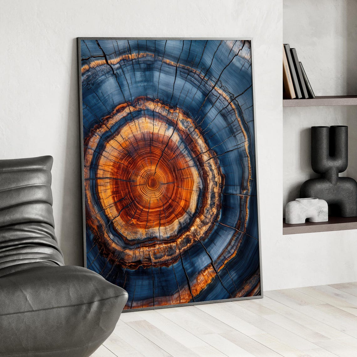 Colorful Tree Growth Ring Abstract Deep Blue Amber Nature Wall Art