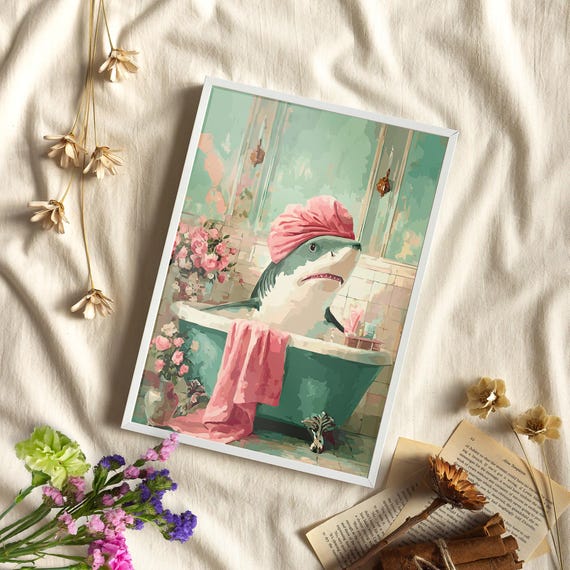 In The Bathtub Wall Art Poster Or Canvas Print Cute Bathroom Vintage Floral Botanical Decor Funny Animal