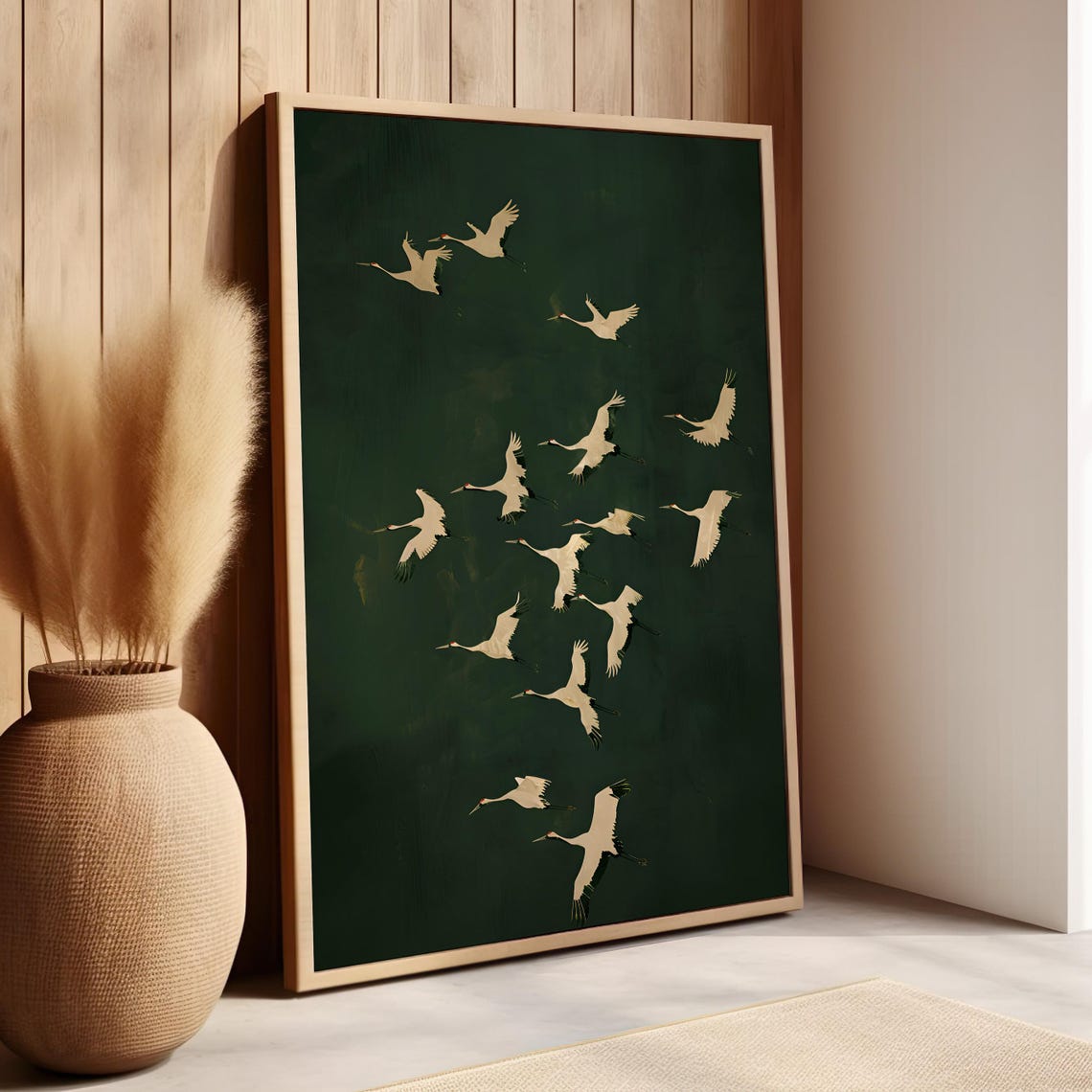 Japanese Cranes In Flight Golden On Deep Emerald Green Wall Art
