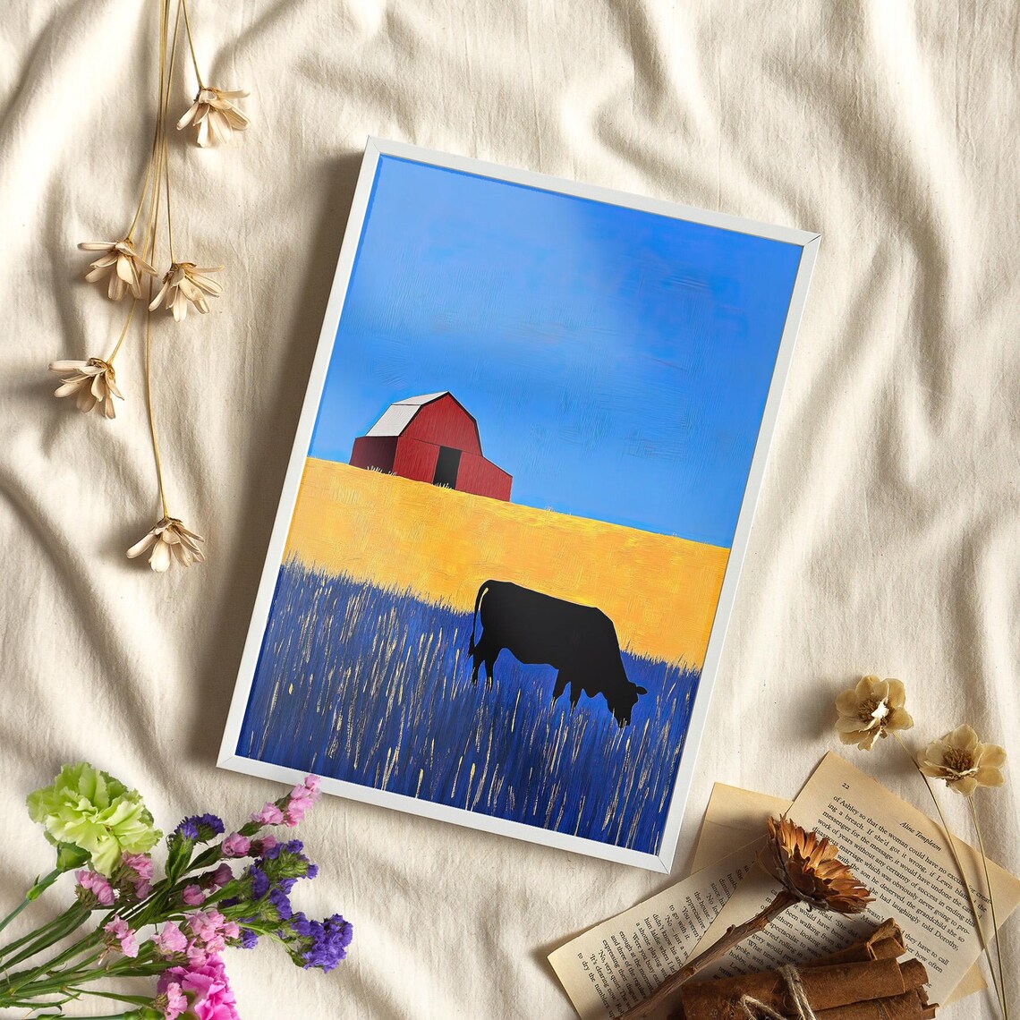 Cow Silhouette With Red Barn in Color Block Farmhouse Landscape Poster