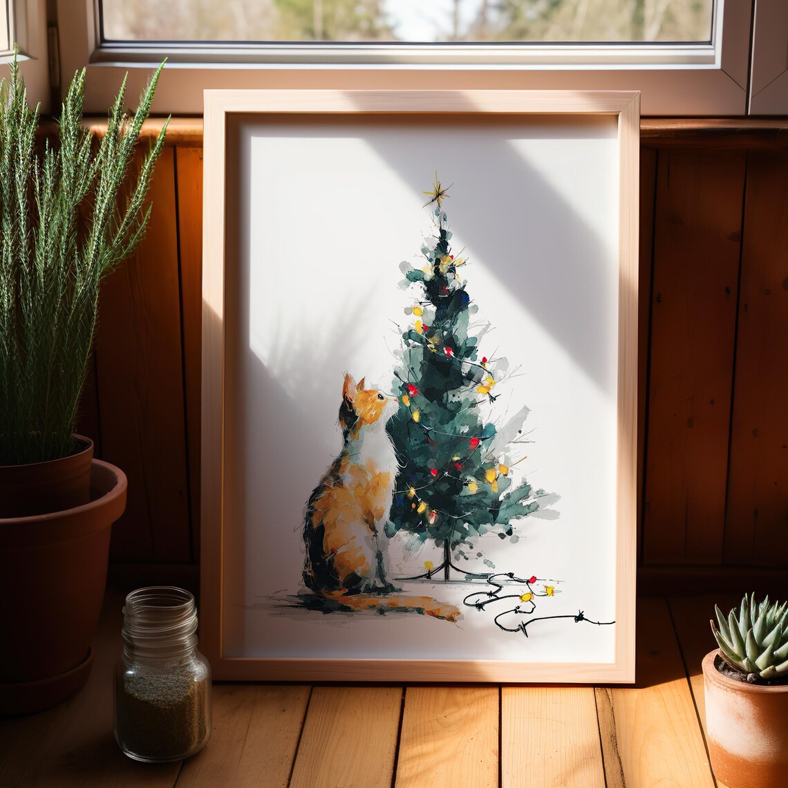 Orange Cat Christmas Tree Minimalist Watercolor Holiday Poster