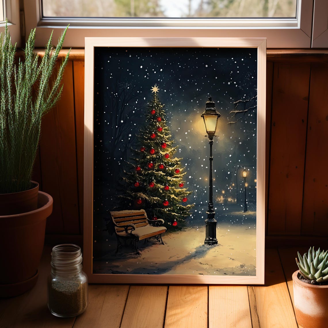 Christmas Tree Bench Street Lamp Snowfall Starry Night Wall Art