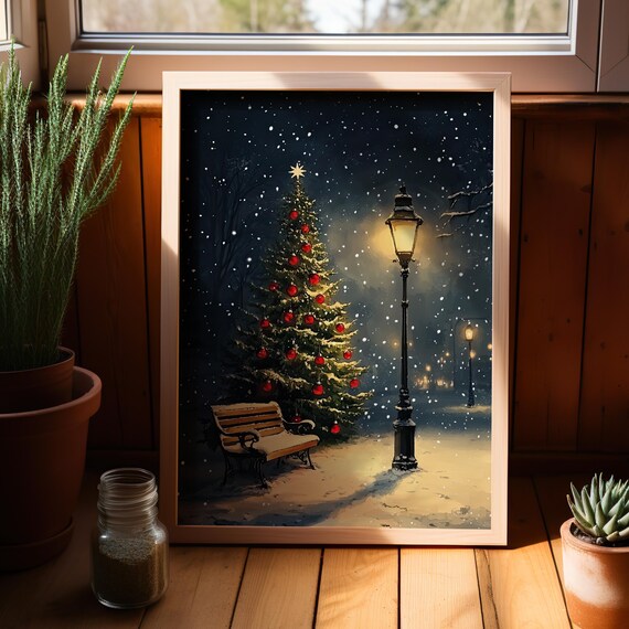 Christmas Tree Bench Street Lamp Snowfall Starry Night Wall Art