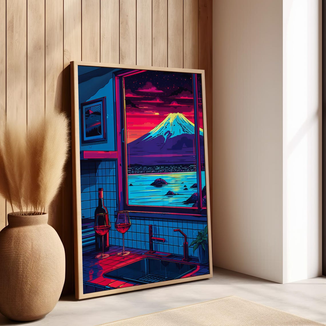 Mount Fuji Neon Sunset Kitchen Window View Retro Landscape Poster