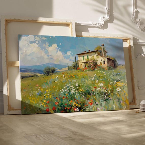 Italian Farmhouse In The Hillside Floral Painting Poster Or Canvas Print House Hill Botanical Art Wildflowers Field Wall