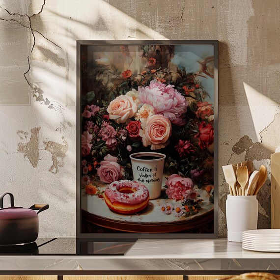 Coffee And Pink Donut Baroque Floral Still Life Kitchen Poster