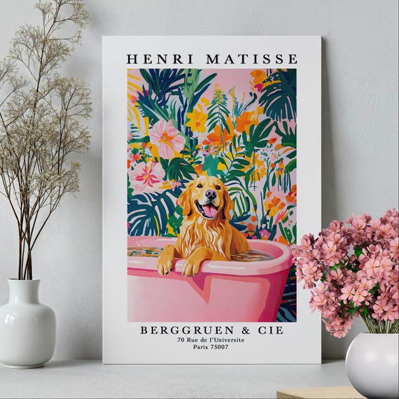 Golden Retriever In Bathtub Wall Art Poster Or Canvas Print Funny Bathroom Henri Matisse Maximalist Decor Whimsy Dog