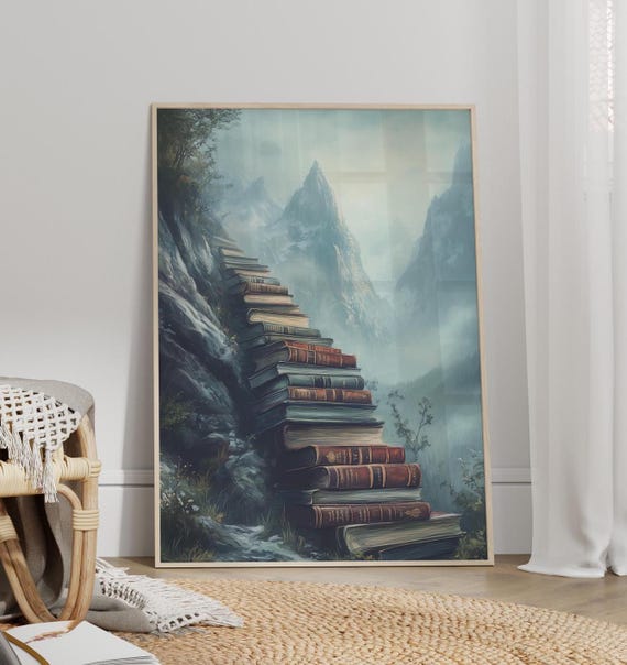 Mountain Book Stairway Surreal Art Print Poster Or Canvas Dark Academia Stacked Books Steps Nature Wall Fantasy Lover Gift